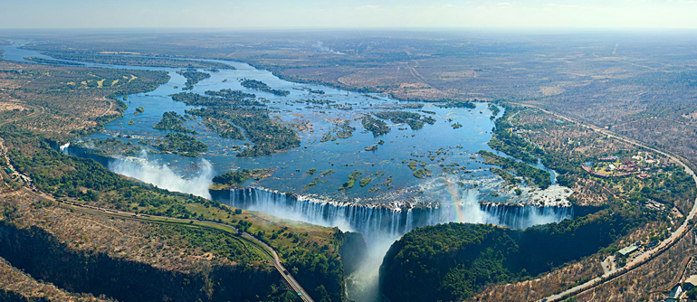 Wide panoramic view of Victoria Falls